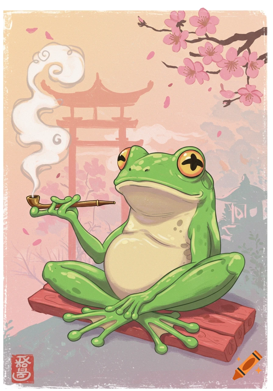 Cartoon frog smoking pipe in Japanese landscape with cherry blossoms.