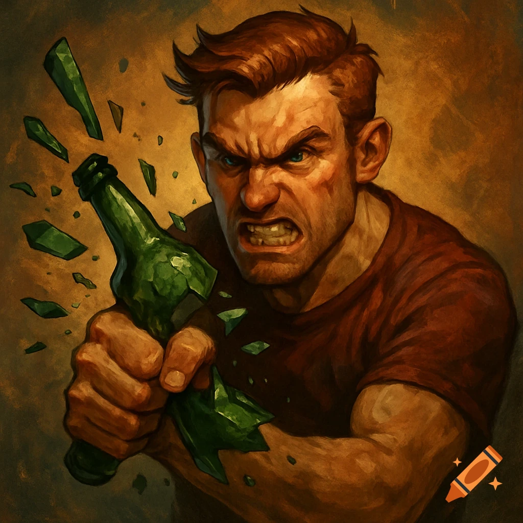 Stylized digital painting of an angry man breaking a green bottle.