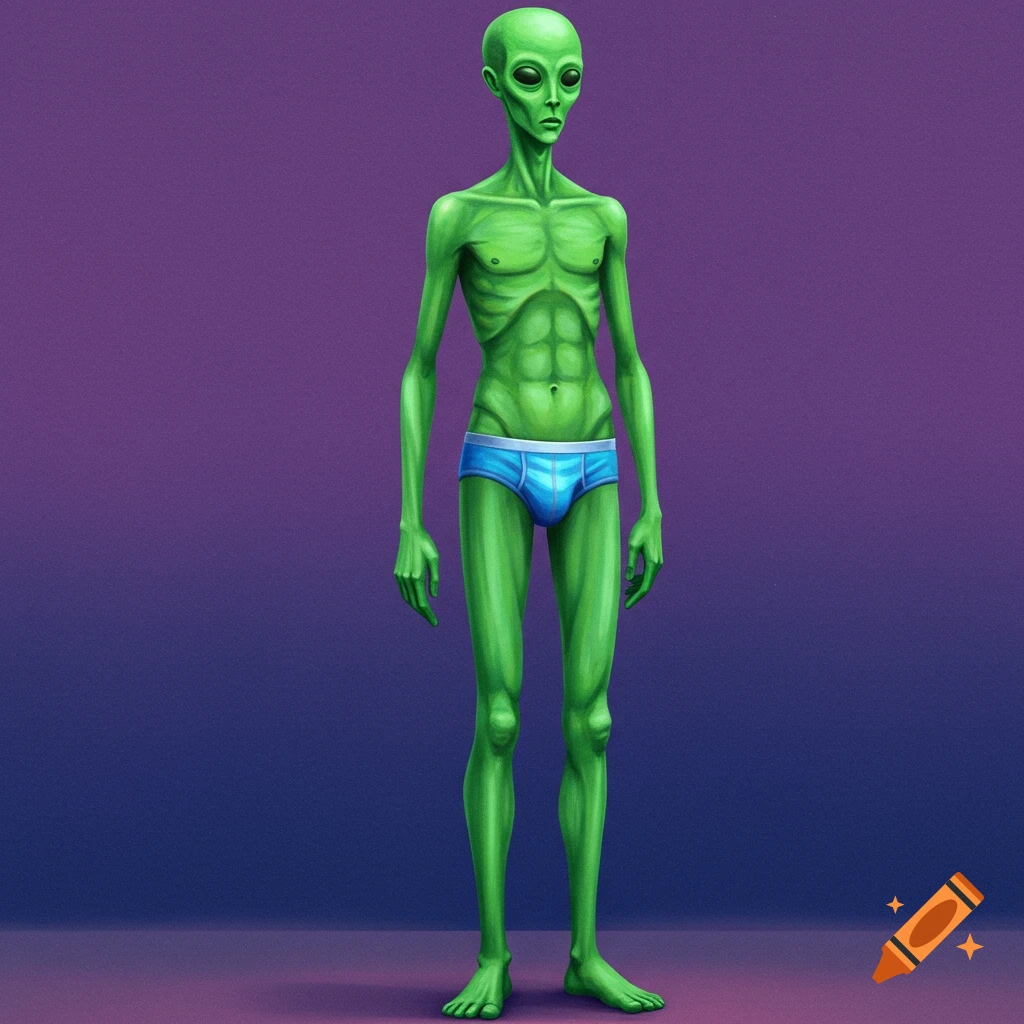 A skinny green alien figure wearing blue briefs against a purple background.