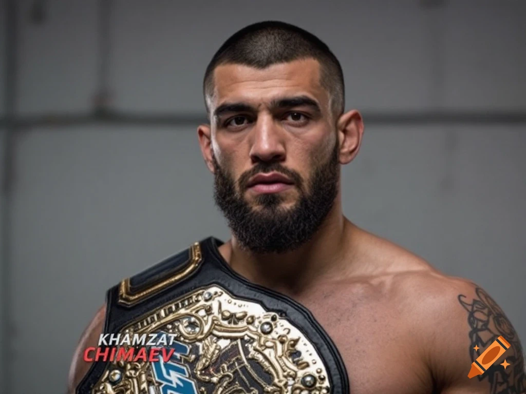Portrait of Khamzat Chimaev holding a championship belt.
