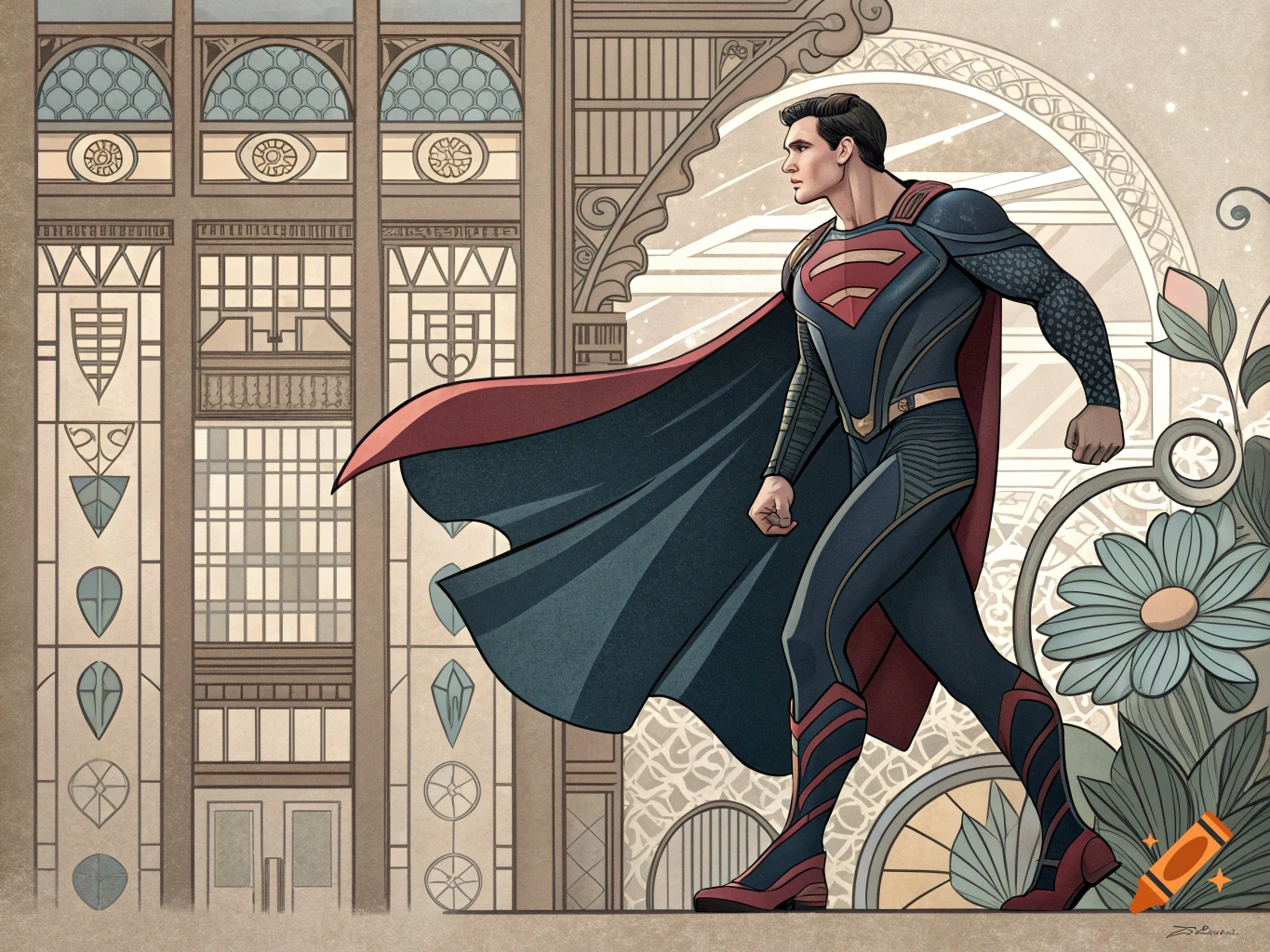 Superman walking past an ornate Art Nouveau style building and floral design.
