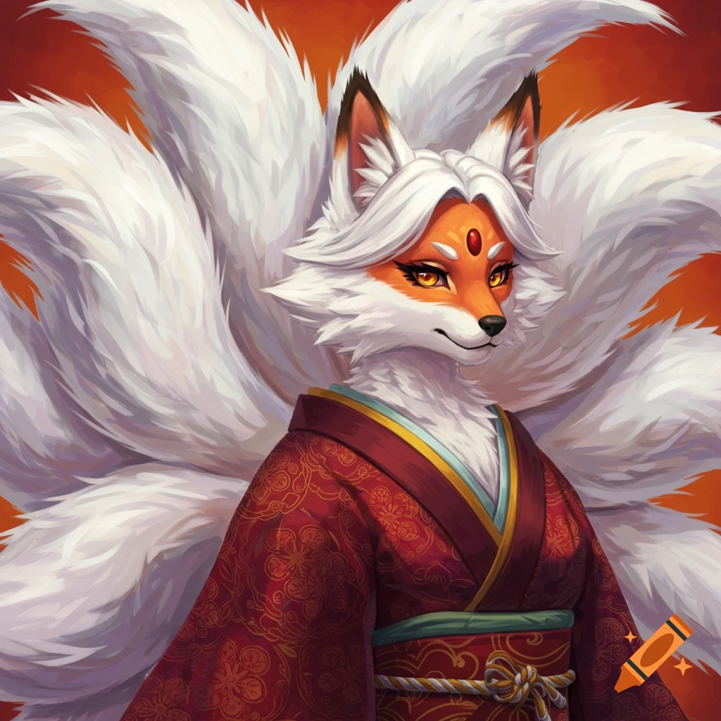 A digital painting of a kitsune character with white fur and multiple tails, wearing a detailed red kimono.