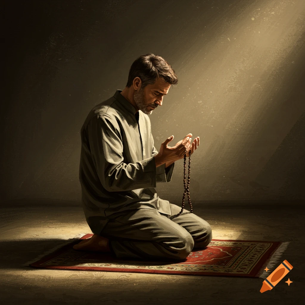 A man kneels on a prayer rug, holding prayer beads, hands raised in prayer, in a dimly lit room with a ray of light.