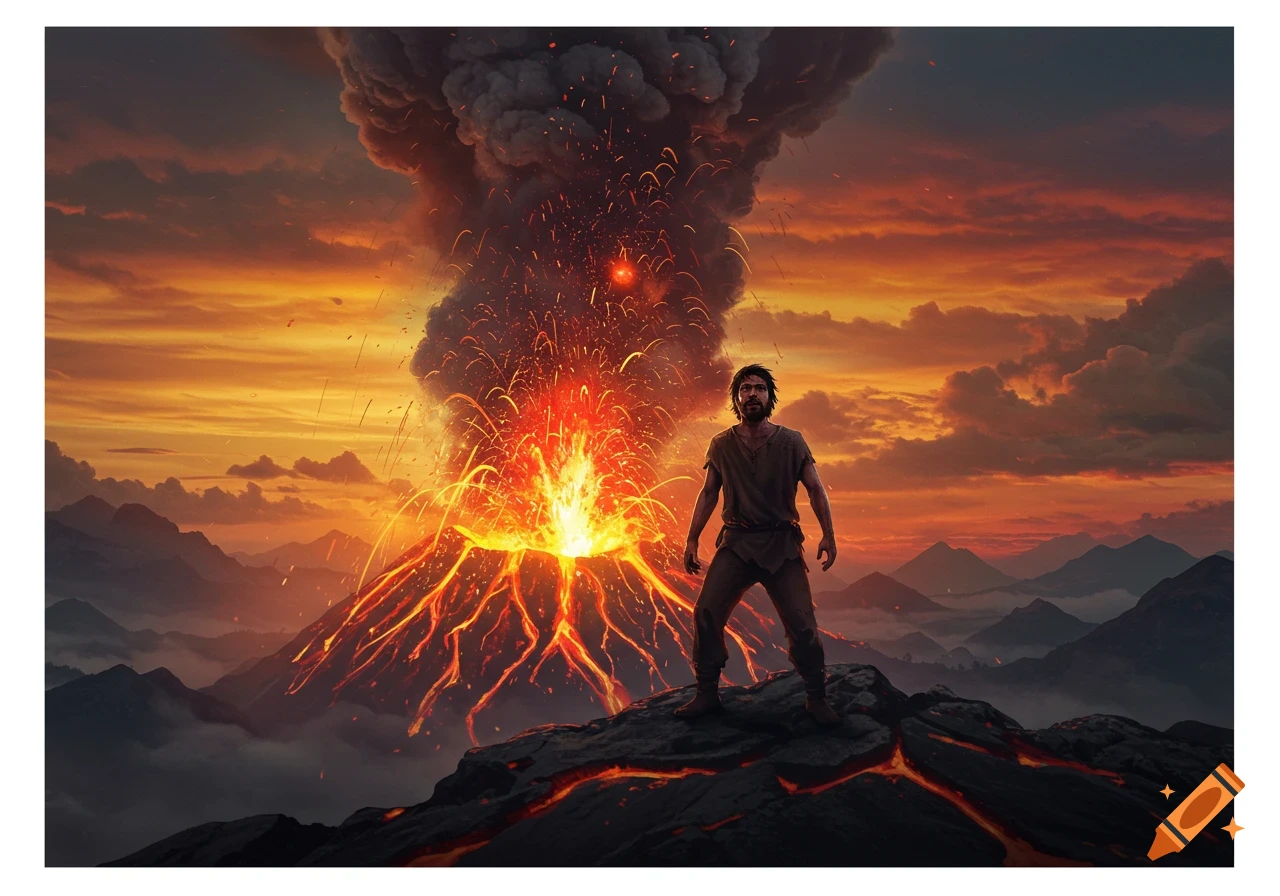 A man stands on a rocky cliff watching a massive volcano erupt under a fiery orange sky.