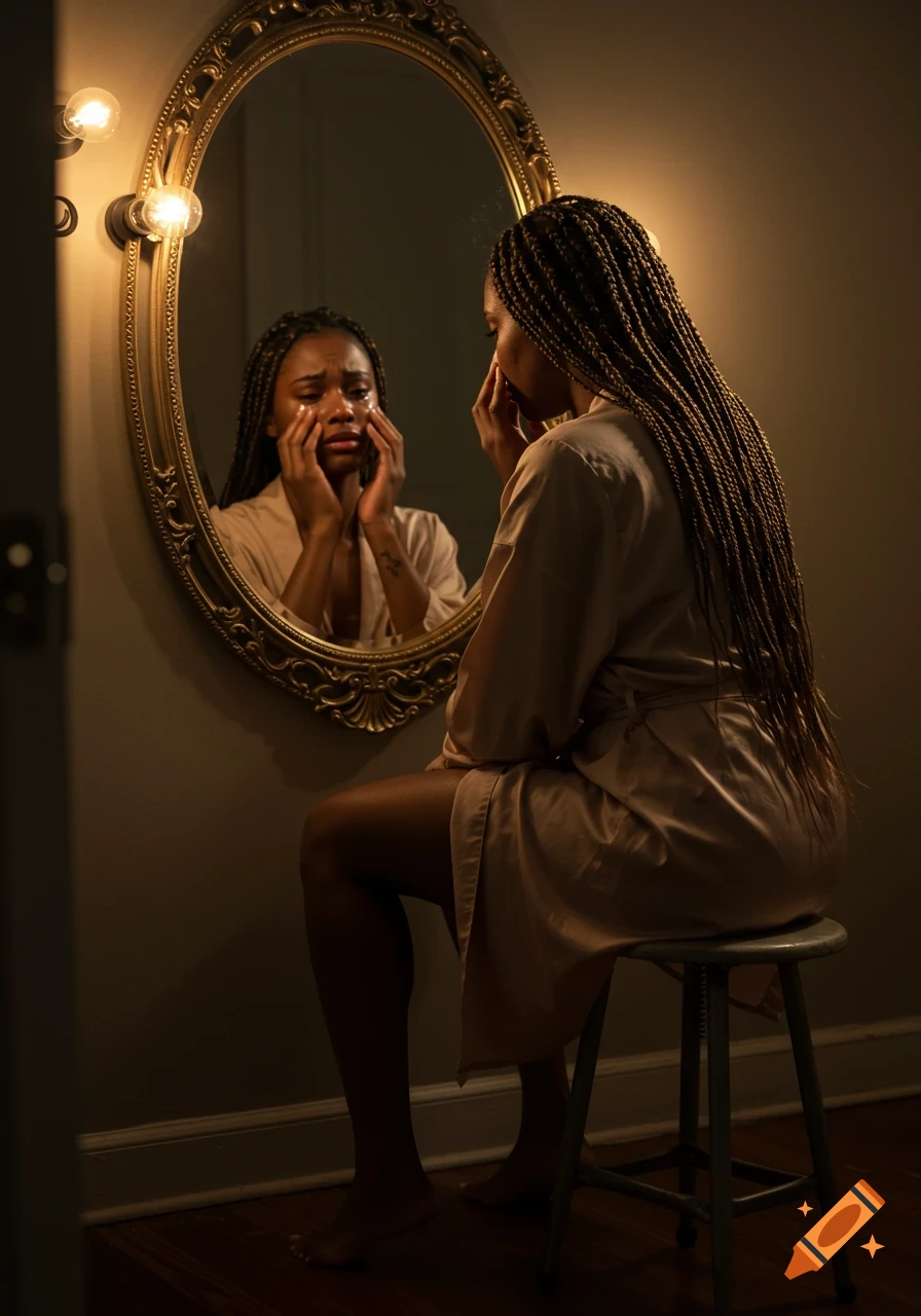 Realistic photo of a Black woman with braids sitting and crying while looking in a mirror.
