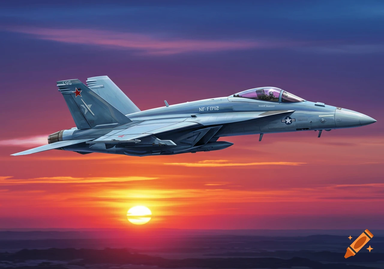 A fighter jet flies through a colorful sunset sky.