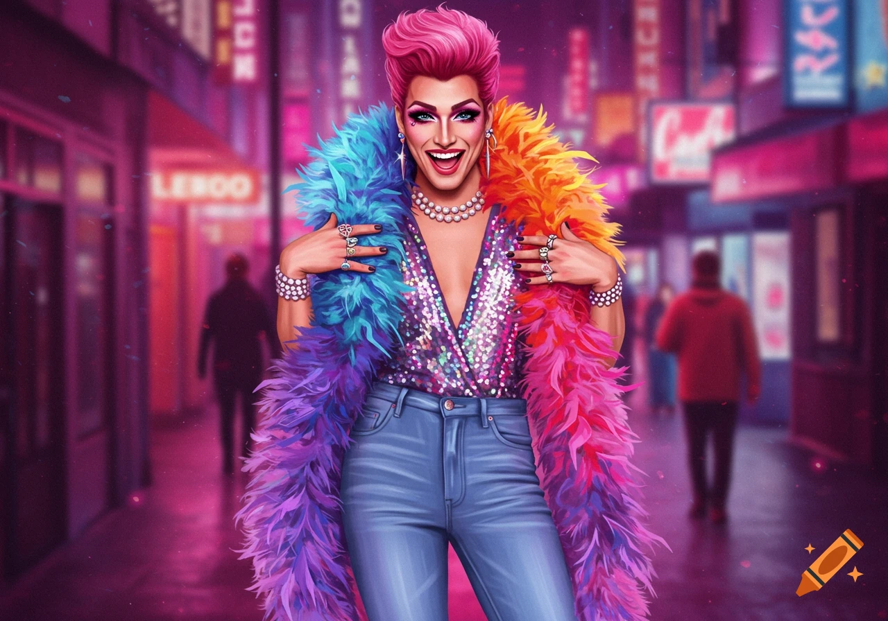 Illustrative portrait of a person in drag with pink hair, sequin top, and colorful feather boa on a city street at night.