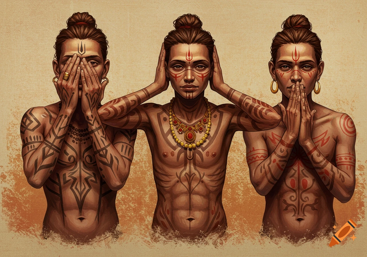 Three figures with tribal tattoos in see no evil, hear no evil, speak no evil poses