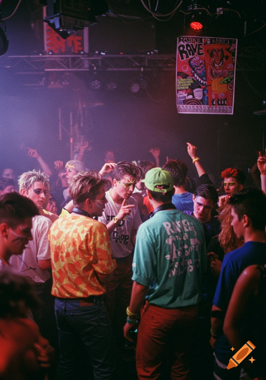 Crowd of people dancing at a dimly lit 1990s rave, featuring bright clothes and a poster.