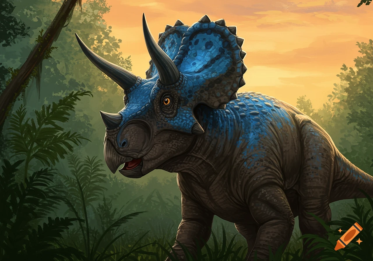 Blue Sinoceratops dinosaur walks through a jungle at sunset, illustration