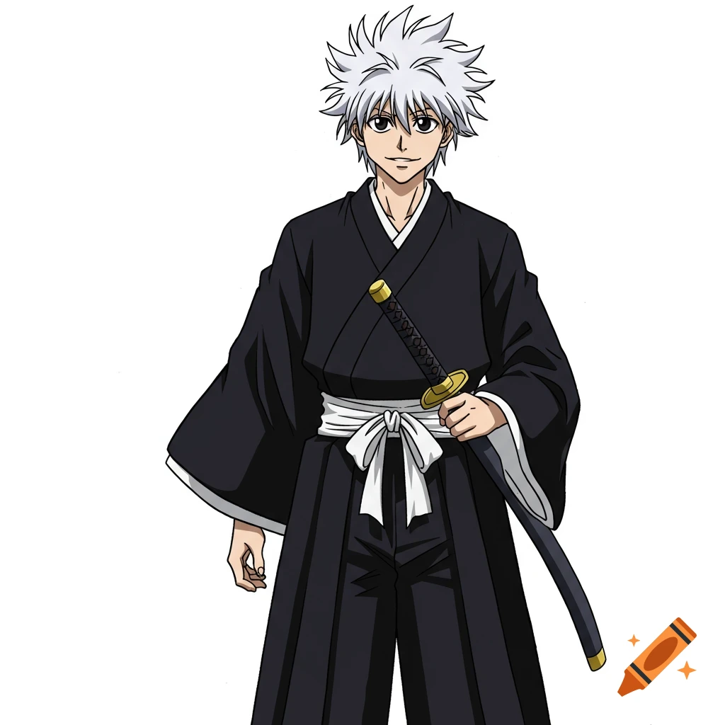 Anime character with white spiky hair in black kimono holding a sword