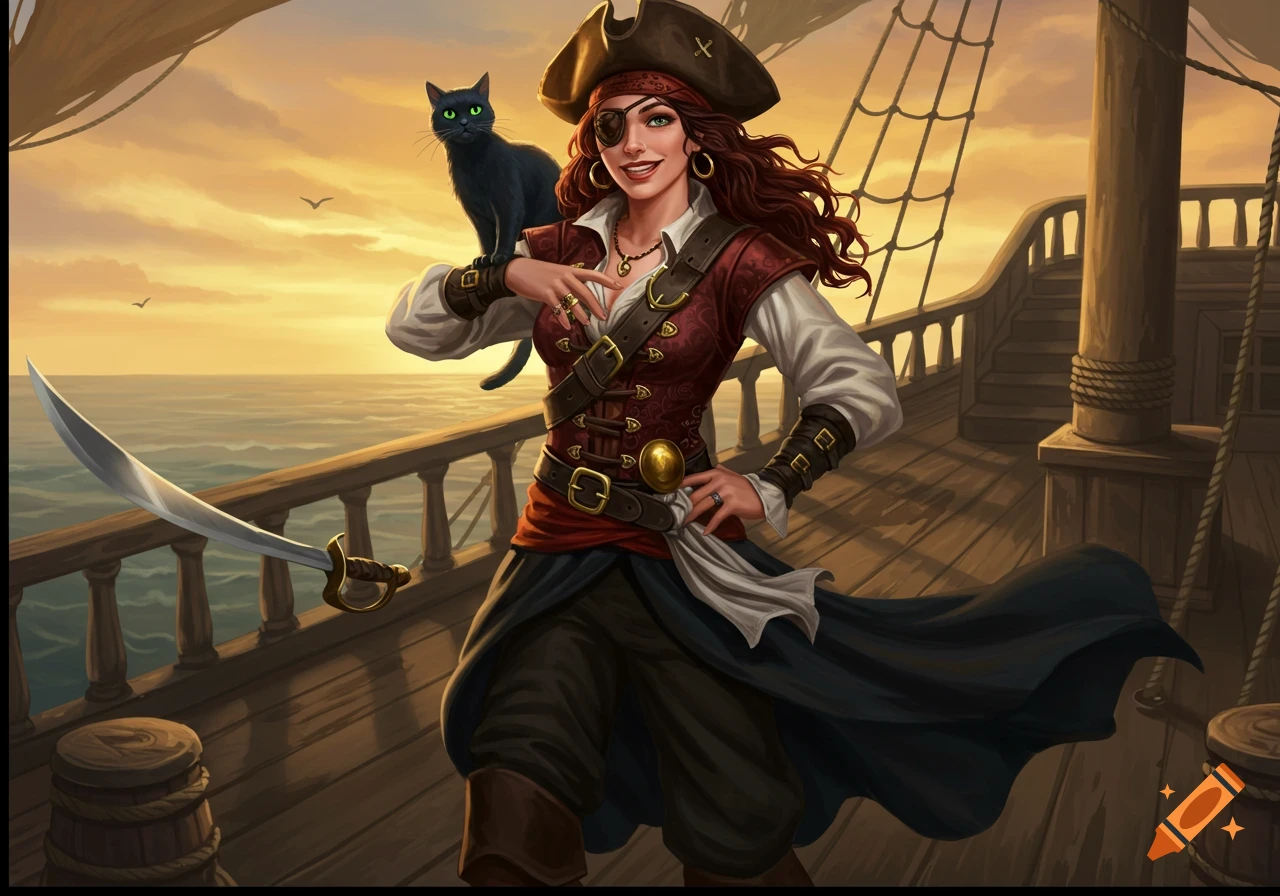 A female pirate with an eyepatch stands on a ship deck with a black cat on her shoulder.