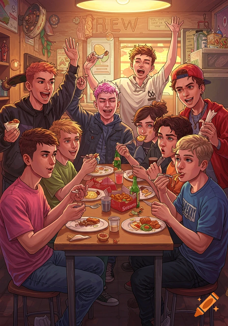 Cartoon illustration of a group of young people eating around a table, cheering and laughing.