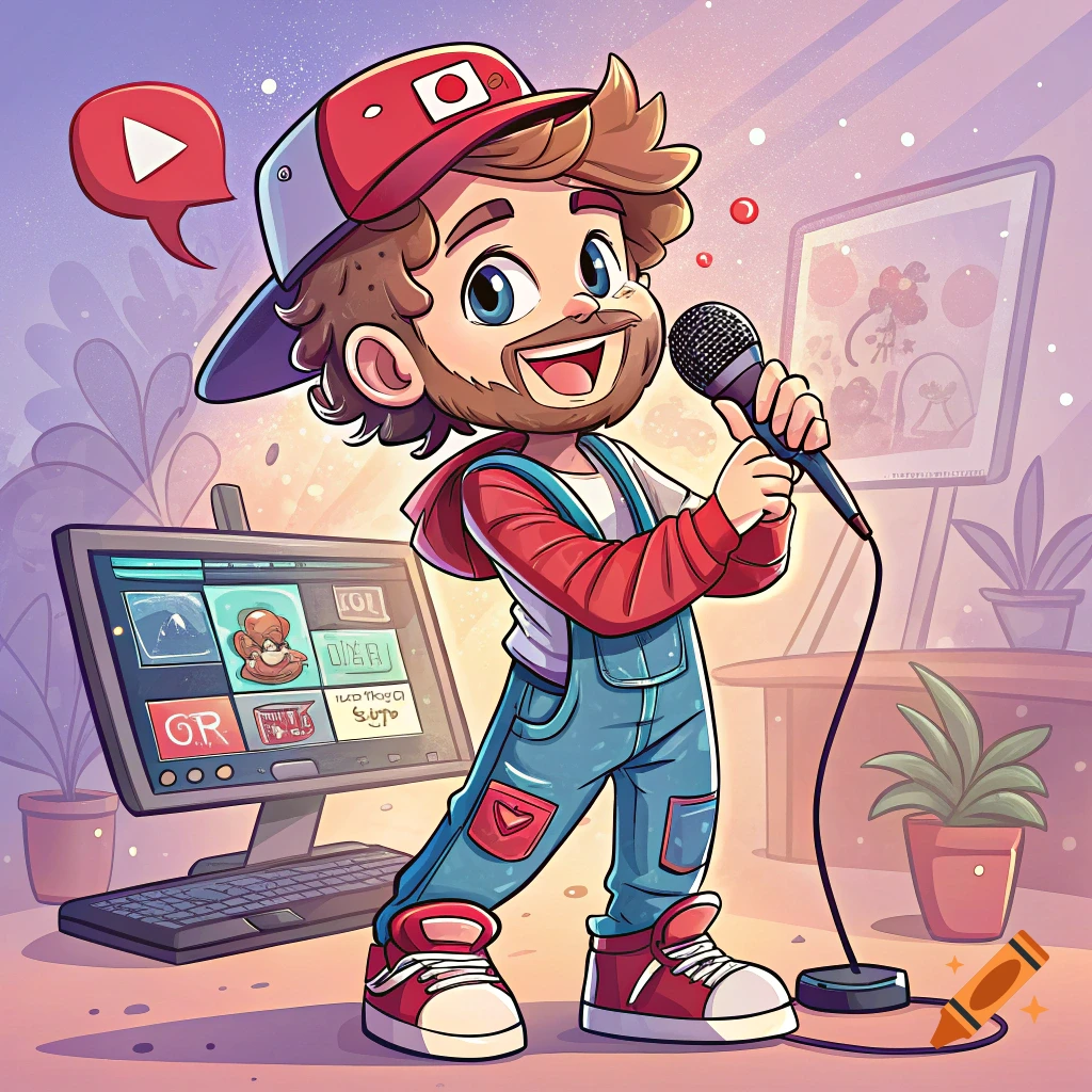 A cartoon man in a red cap and overalls holds a microphone near a computer, with a YouTube logo bubble.