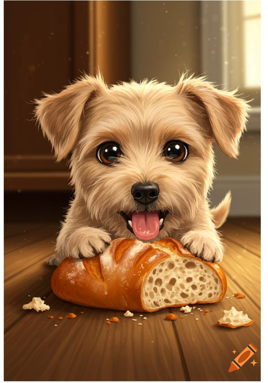 Cute illustration of a puppy with big eyes holding a loaf of bread.