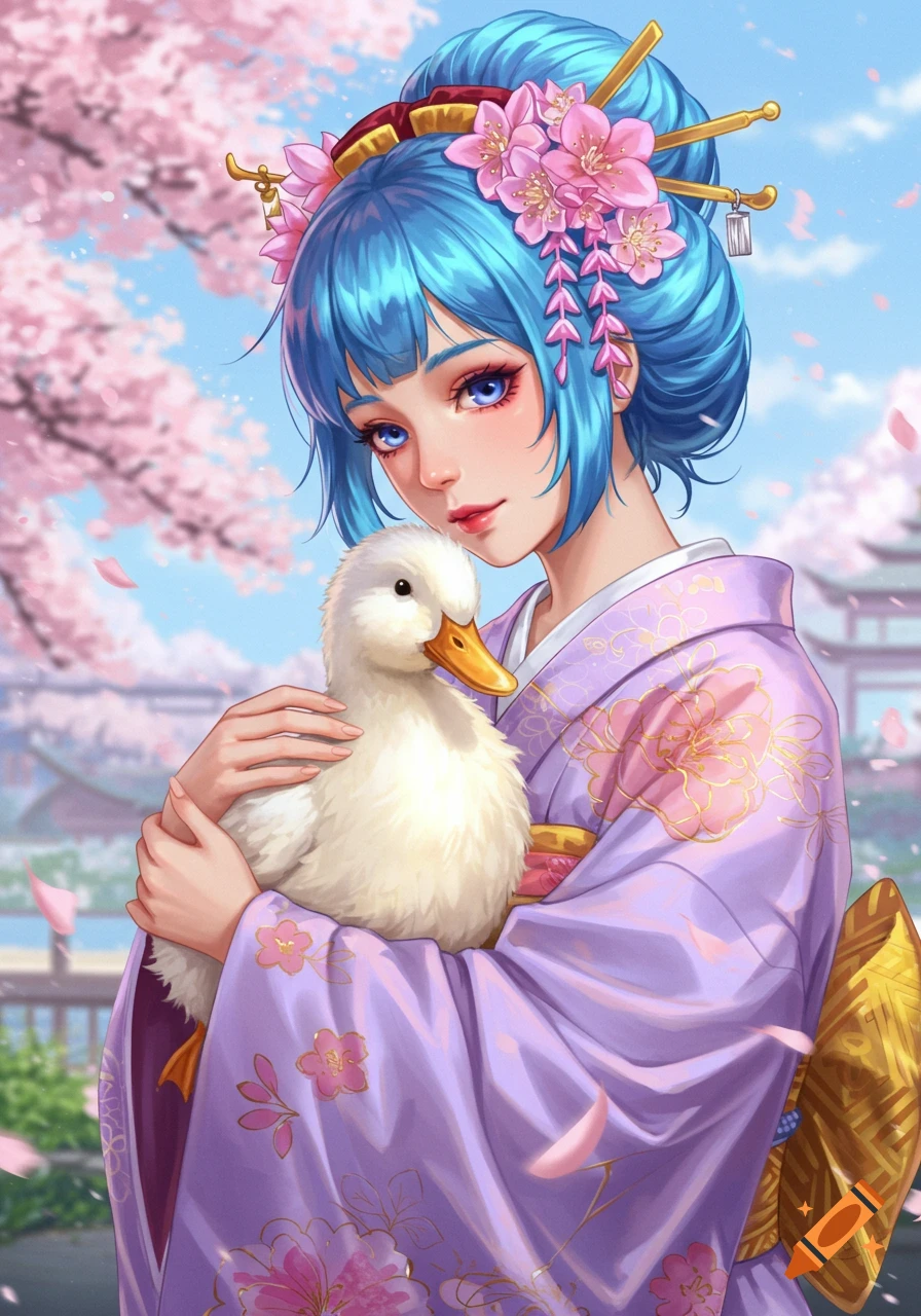 Anime woman with blue hair in a kimono holding a duck under cherry blossoms.