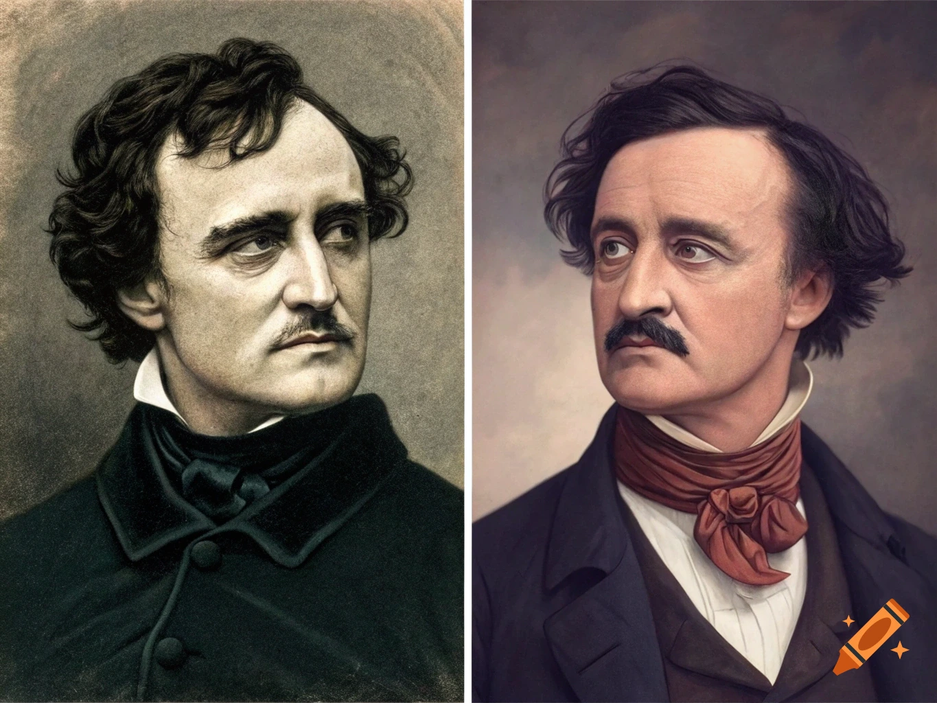 Diptych comparing a historical portrait of Edgar Allan Poe with a stylized portrait featuring a modern haircut.