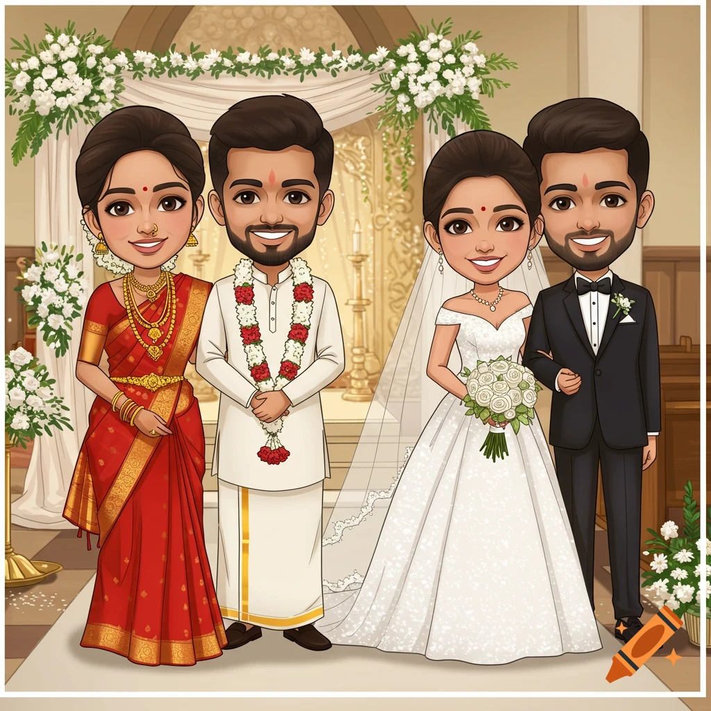 Cartoon drawing of two couples in wedding attire, one South Indian and one Christian, standing together.