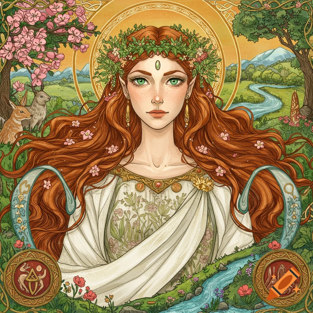 Portrait of a woman with red hair and green eyes wearing a wreath and white dress in a lush fantasy landscape with deer, a river, and Celtic symbols.