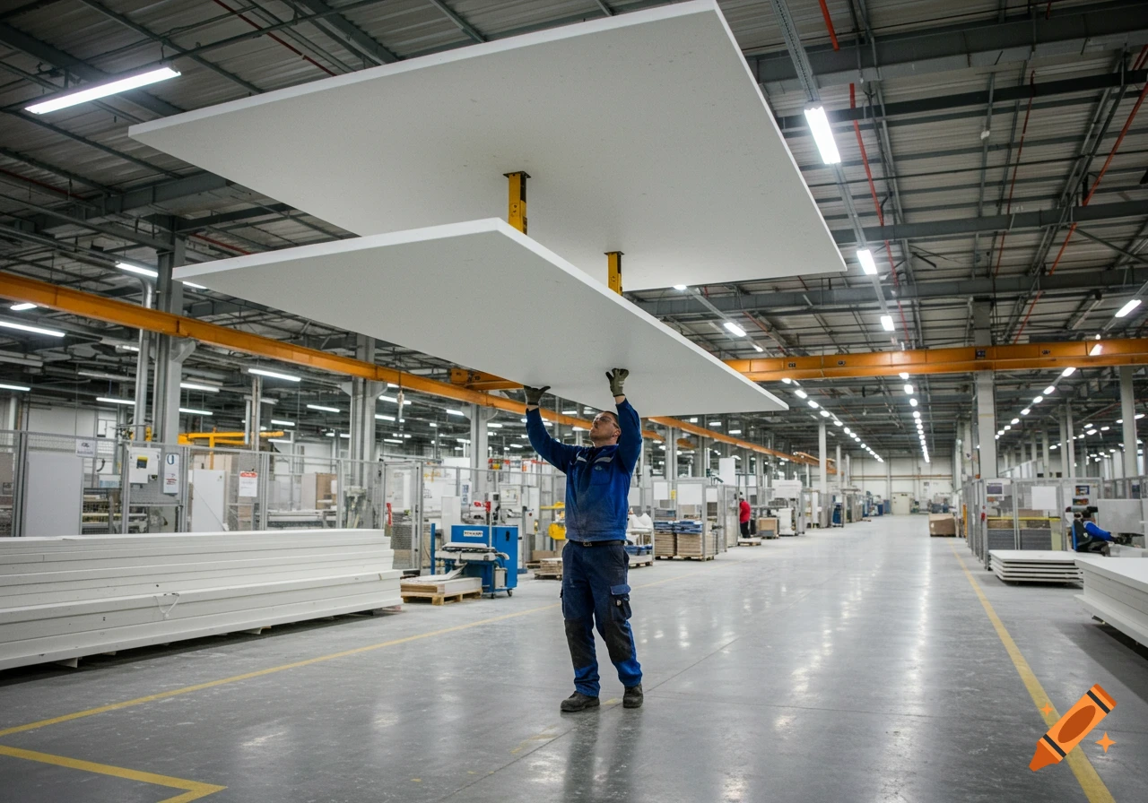 A worker in a factory lifts large white panels.