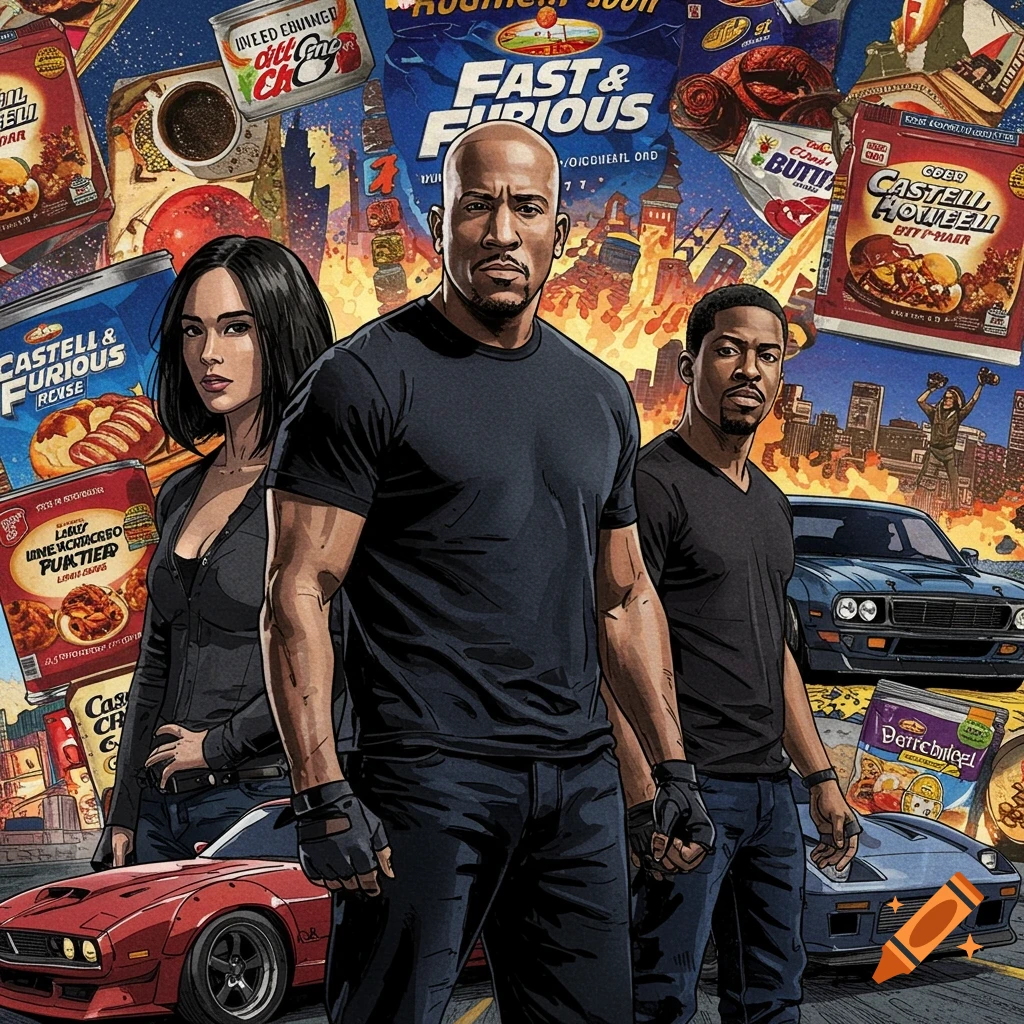 Illustration of Fast & Furious characters with cars and stylized packaging.