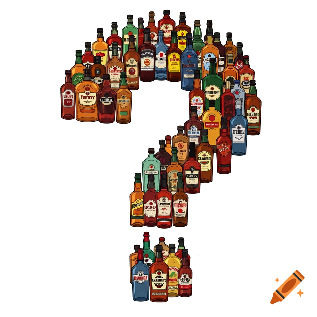 Illustration of many colorful alcohol bottles arranged in the shape of a question mark on a white background.