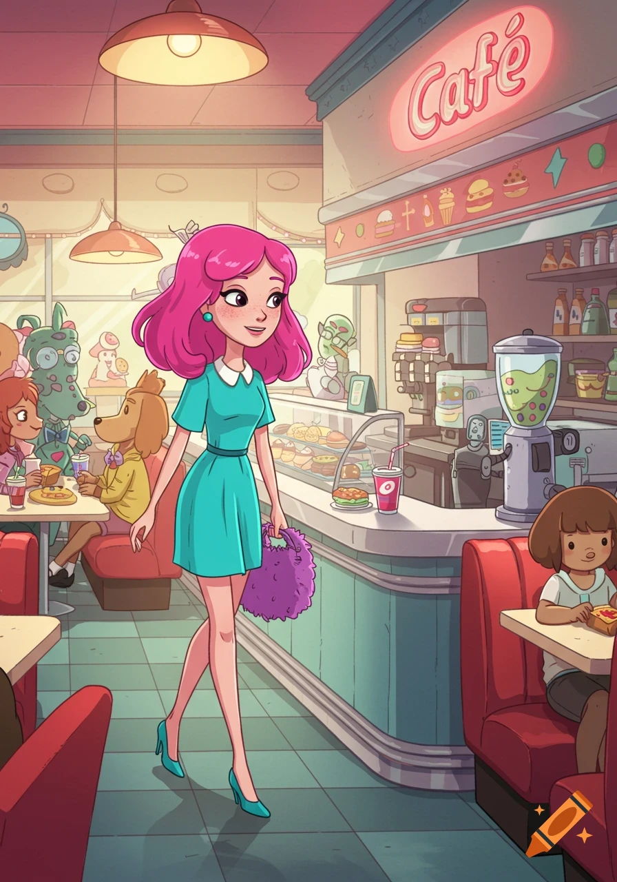 A cartoon woman with pink hair walks through a busy diner.