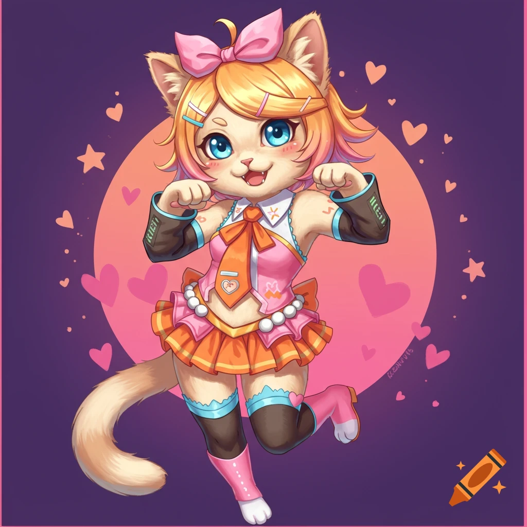 Cute cat character in pink and orange idol-style costume posing with paws up.