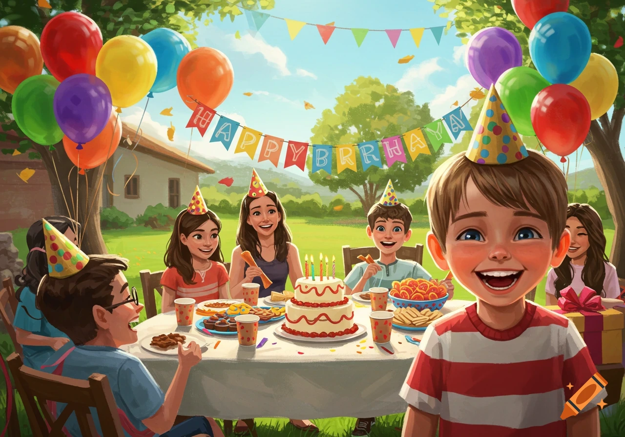 Boy smiles in foreground at an outdoor birthday party with family/friends, cake, and balloons.