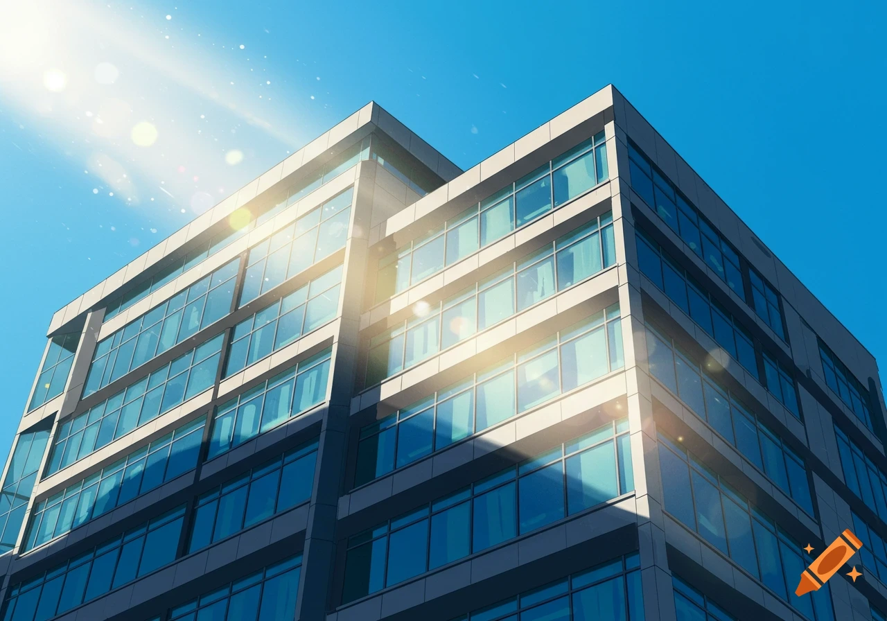 Modern office building viewed from below with strong sunlight and lens flare.