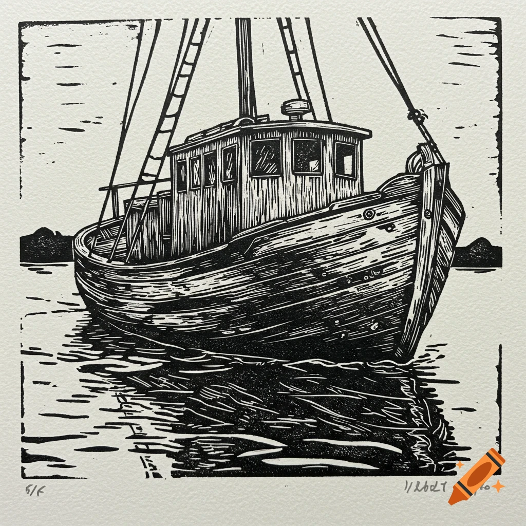 A linocut print of a fishing boat floating on water.