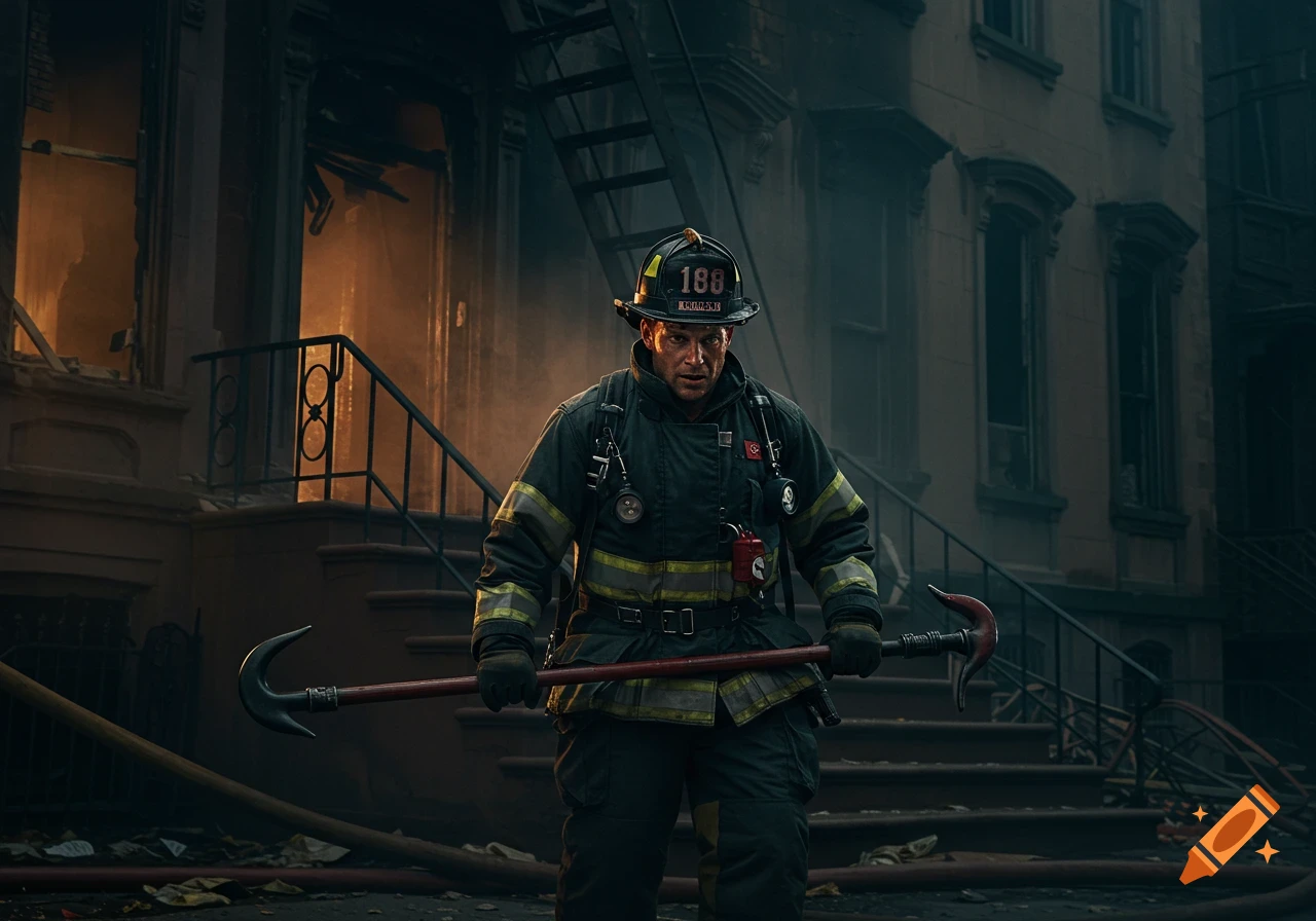 Photorealistic image of a firefighter holding a hook, standing on steps in a smoky urban environment after a fire.