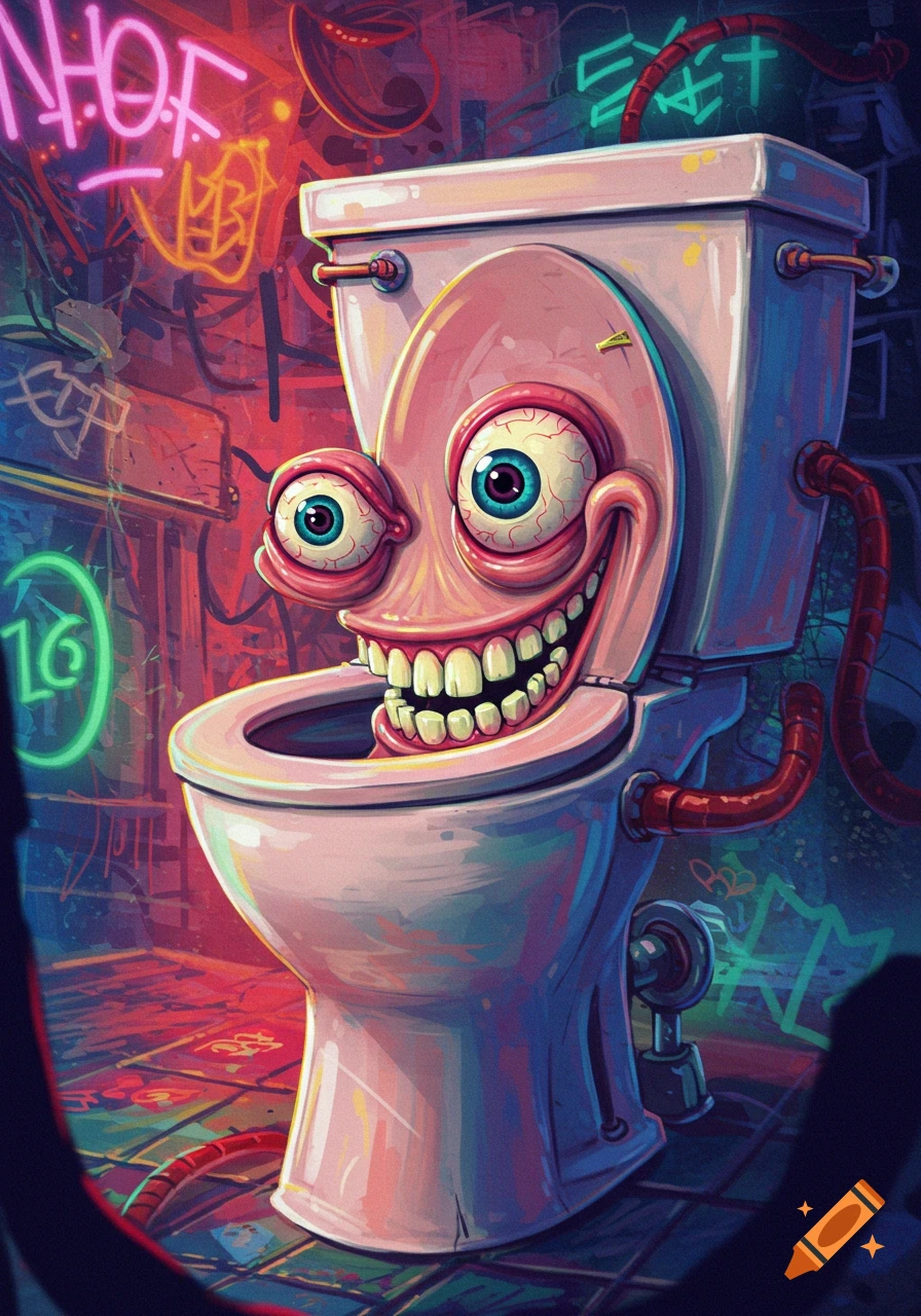 A grotesque, smiling toilet with large bloodshot eyes in a neon-lit bathroom with graffiti, cartoon style.