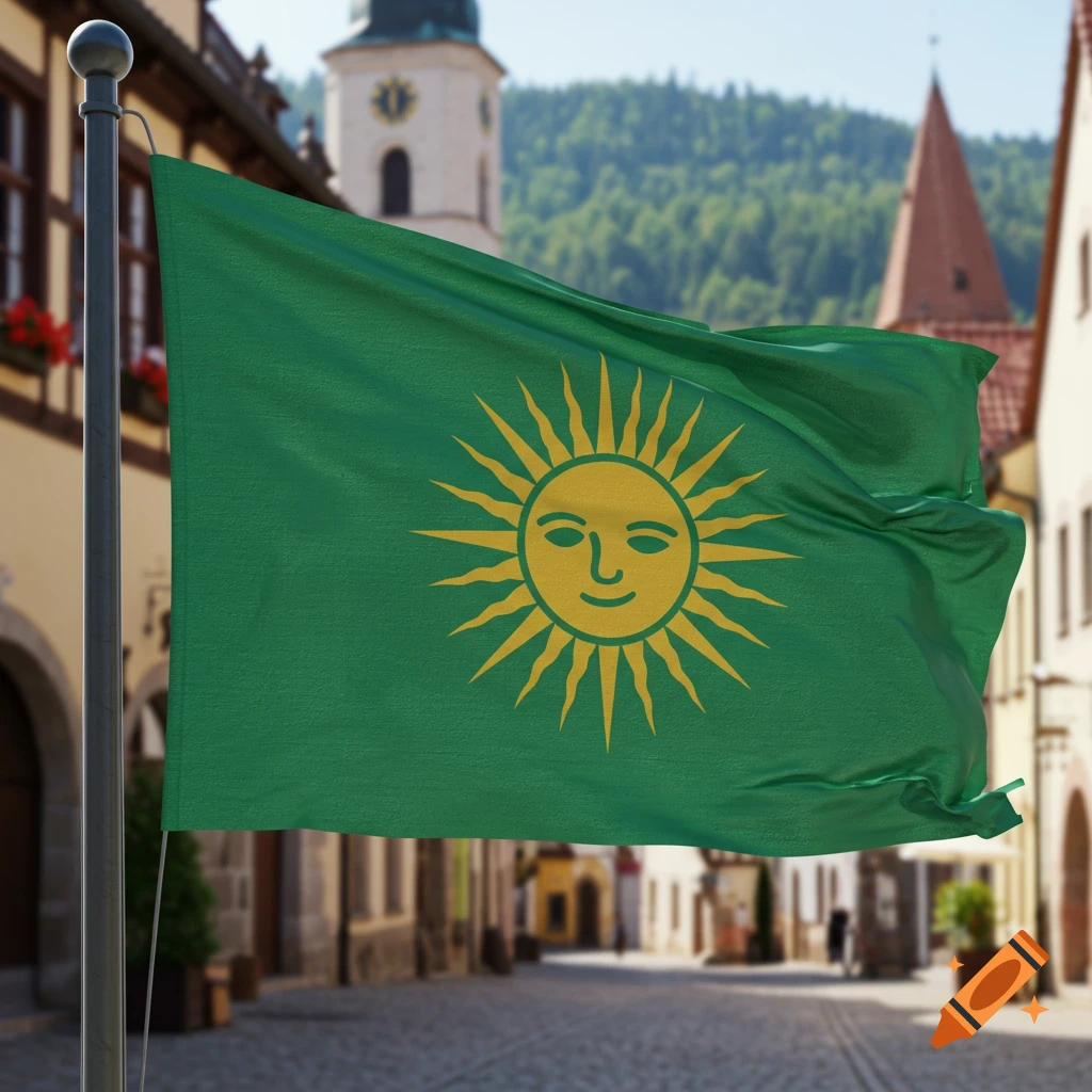 A green flag with a smiling yellow sun symbol waves on a flagpole in a cobbled street with buildings.
