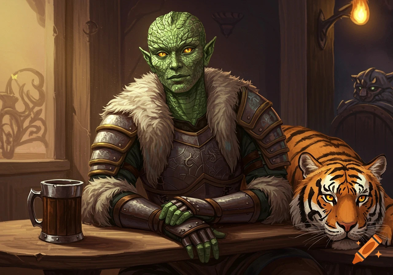 A lizardfolk character in armor sits in a tavern with a tiger.