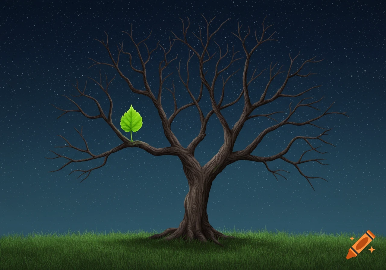 An illustration of a dry, leafless tree with one bright green leaf on a branch, set against a starry night sky with grass in the foreground.