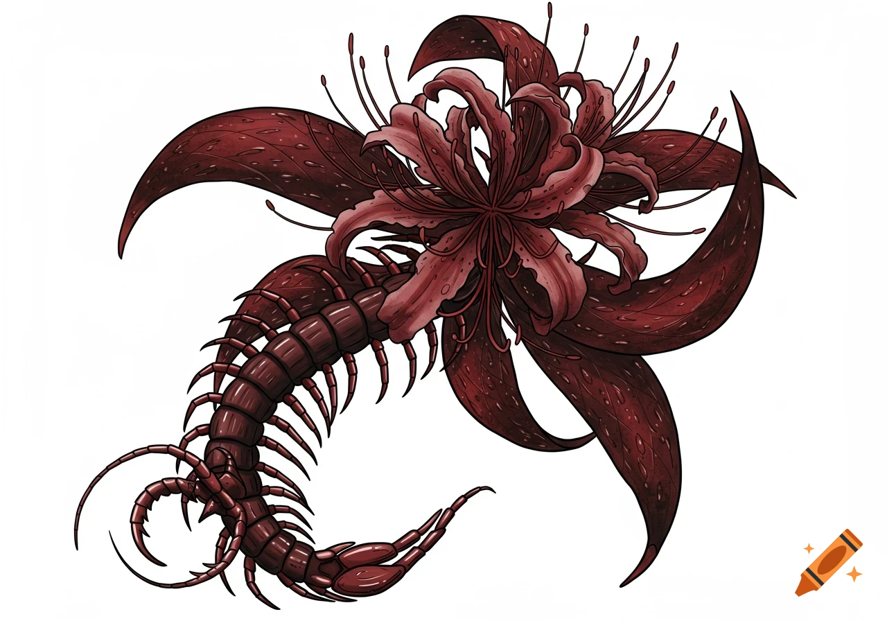 Illustration of a red spider lily merging with a dark red centipede.