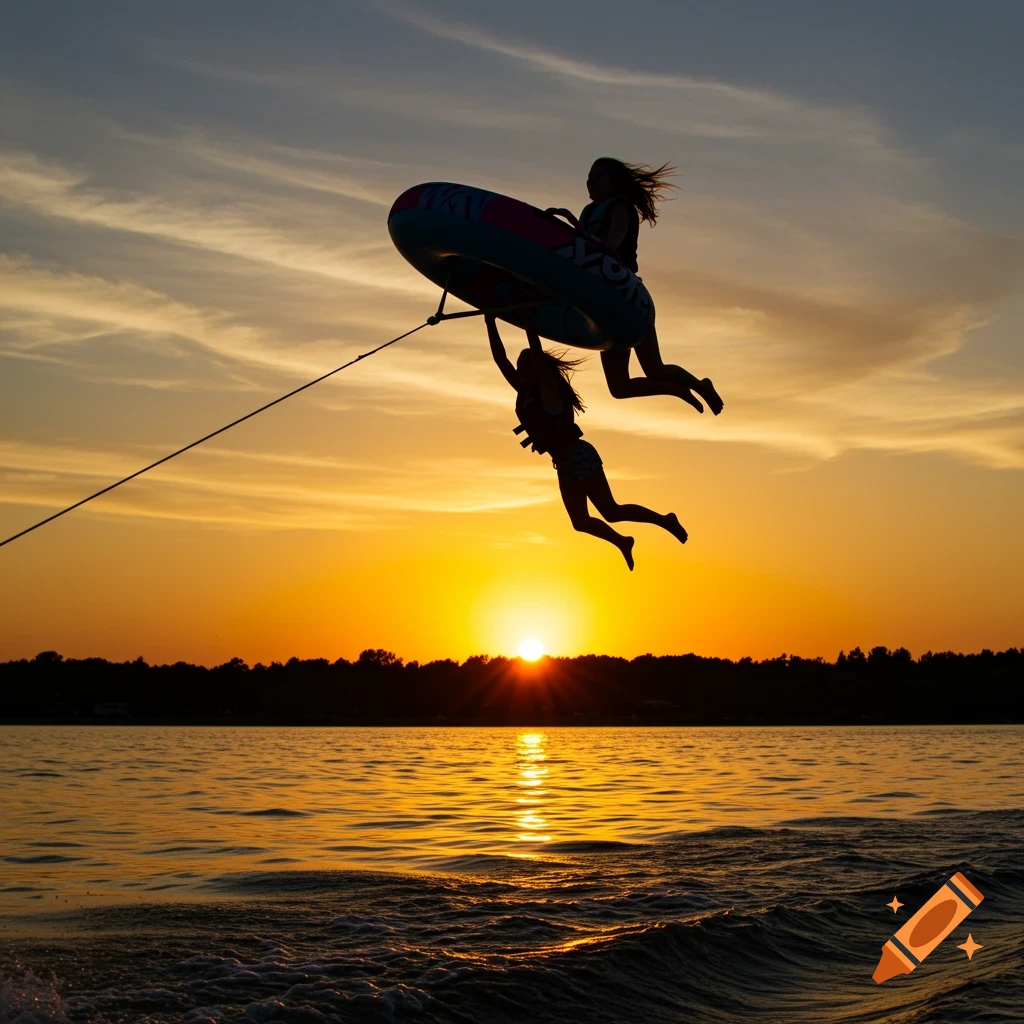 Two silhouetted figures holding onto a towable tube high above water against a vibrant sunset sky, photo.