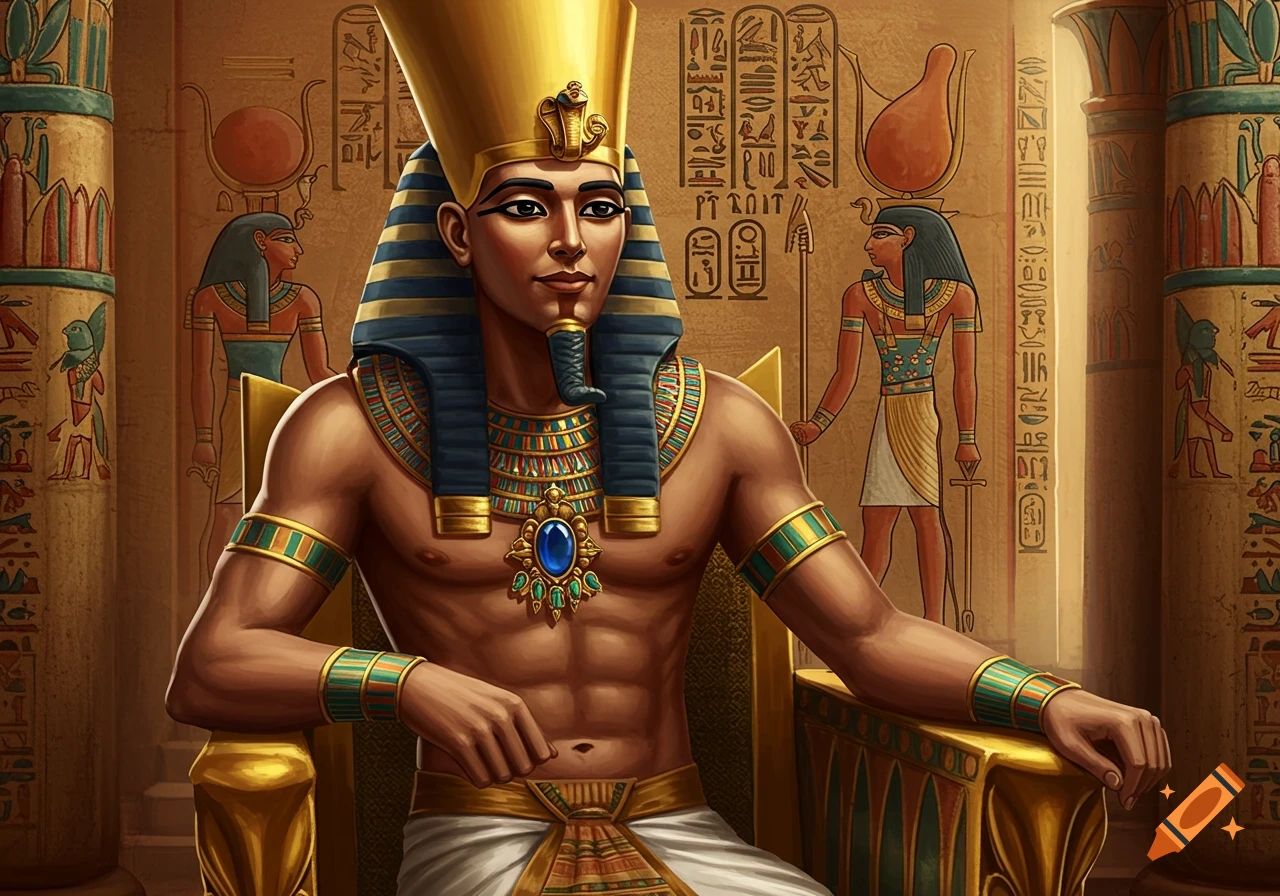An ancient Egyptian king sits on a golden throne in a temple.