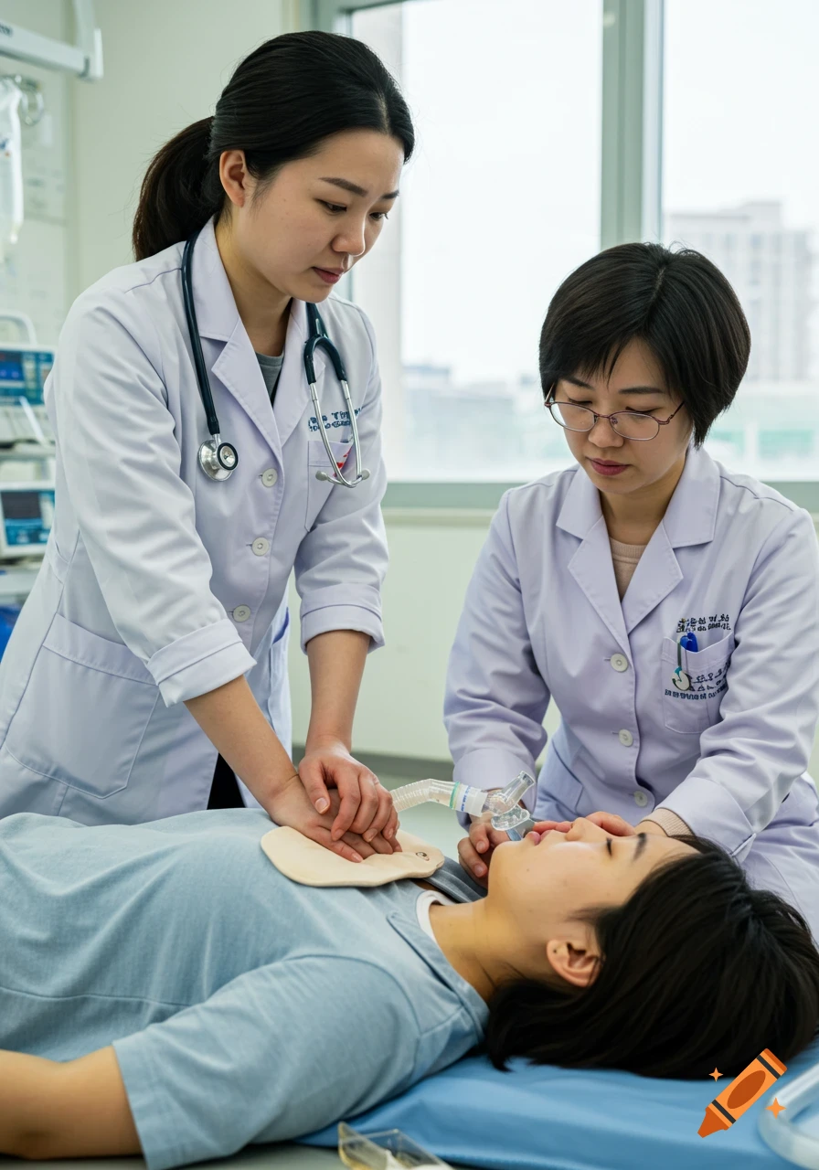 Two doctors perform CPR and artificial respiration on a patient.