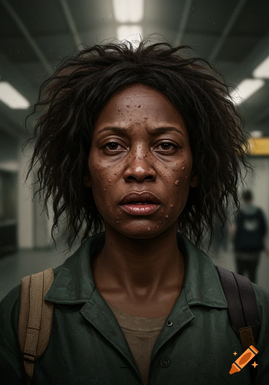 Realistic portrait of a Black woman with skin blemishes and a tired expression in an airport.