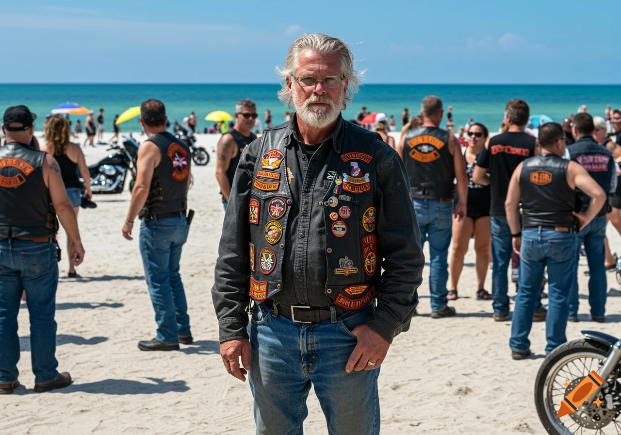 Older biker on a beach wearing a leather vest with patches, with other bikers and motorcycles in background.