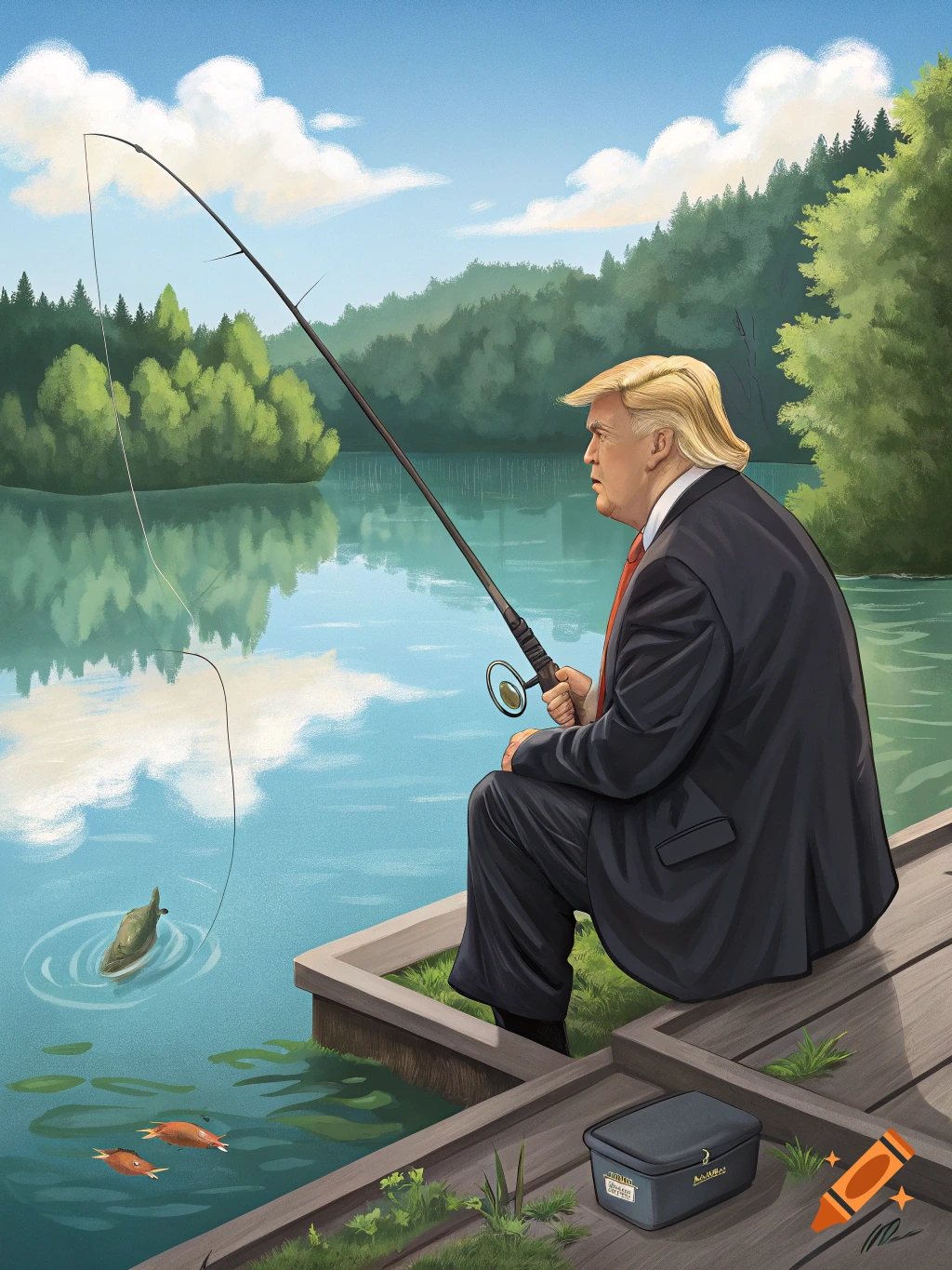 Illustration of Donald Trump fishing from a dock on a lake.