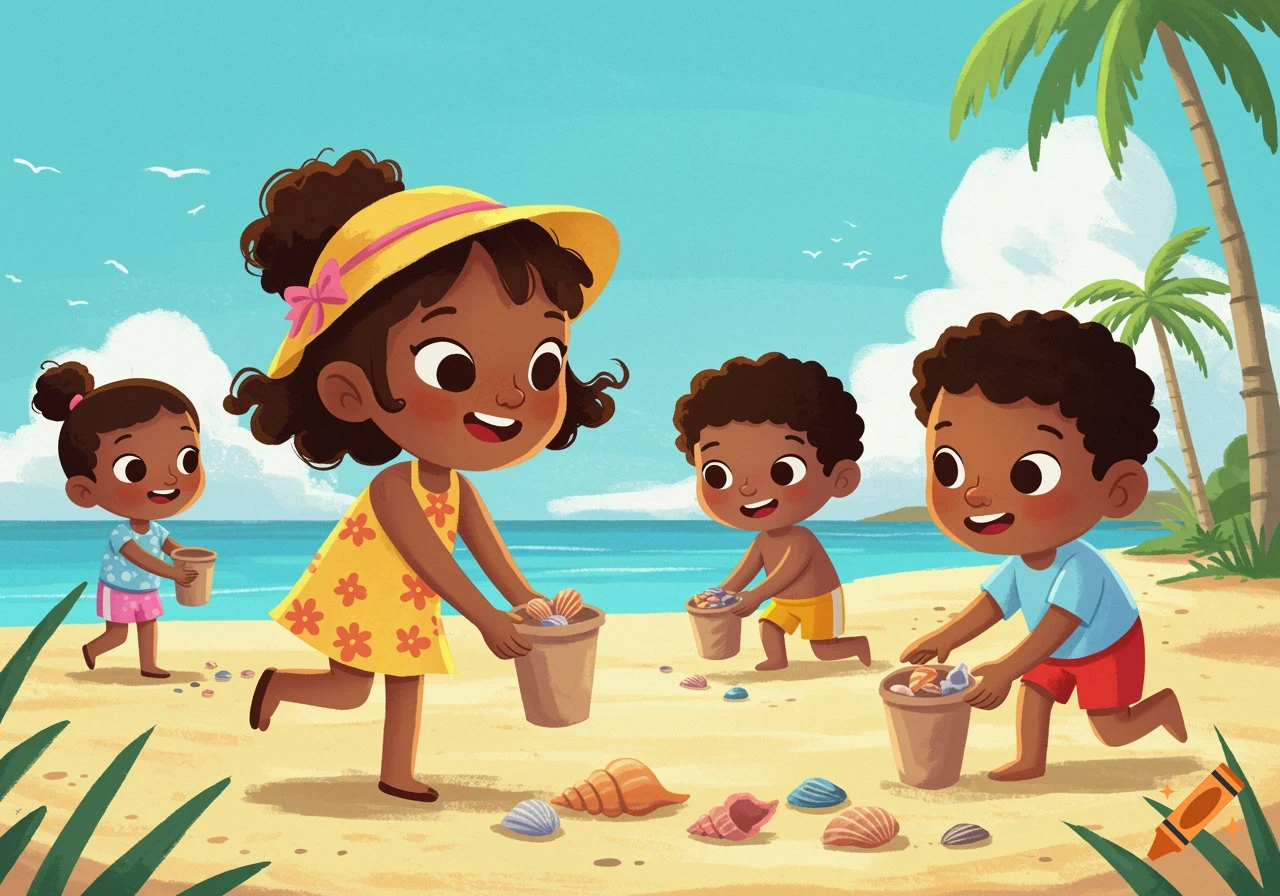 Multicultural cartoon kids picking up seashells on a sunny beach.