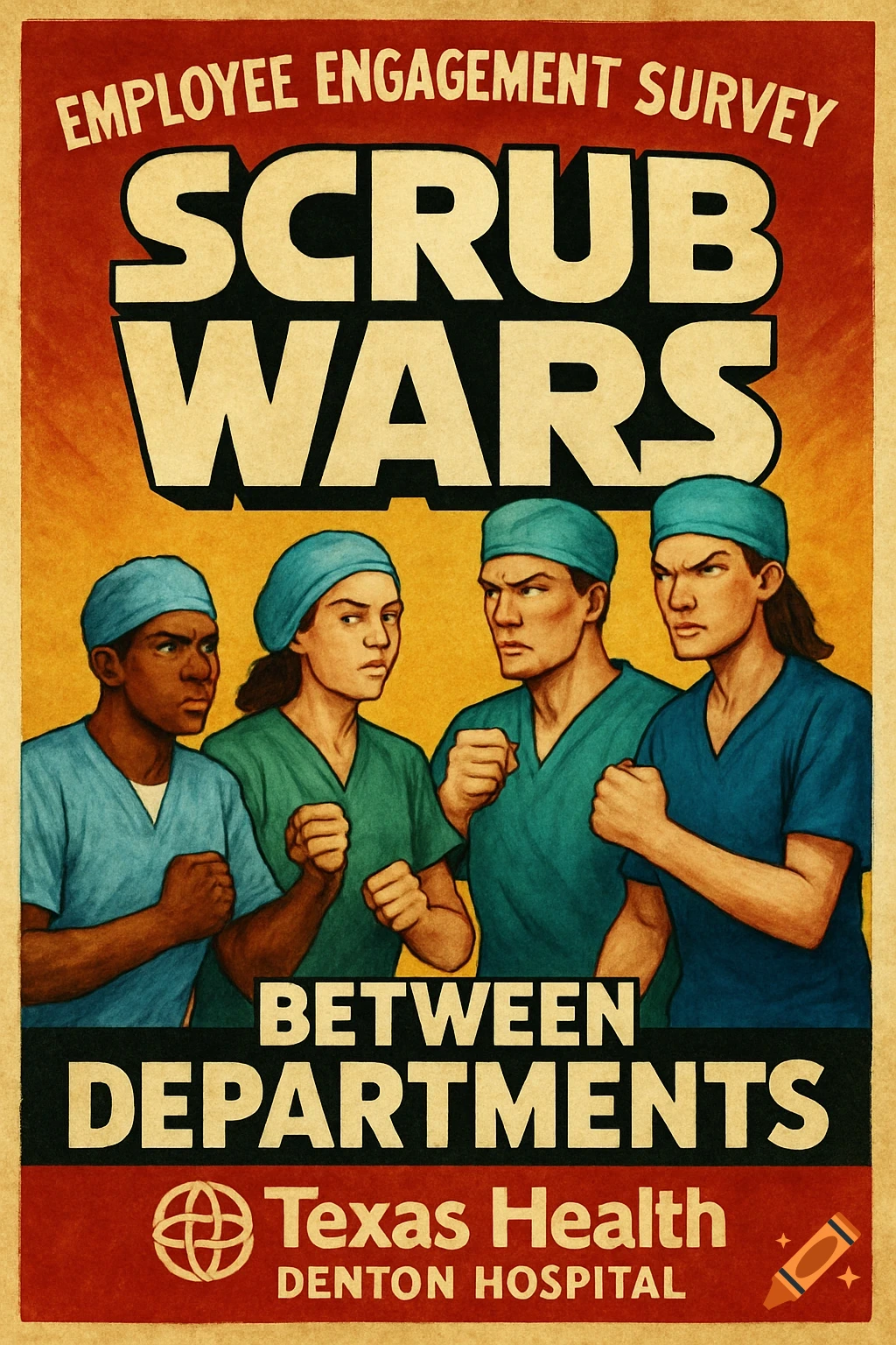 Vintage-style poster for 'Scrub Wars' competition with four medical staff and text.