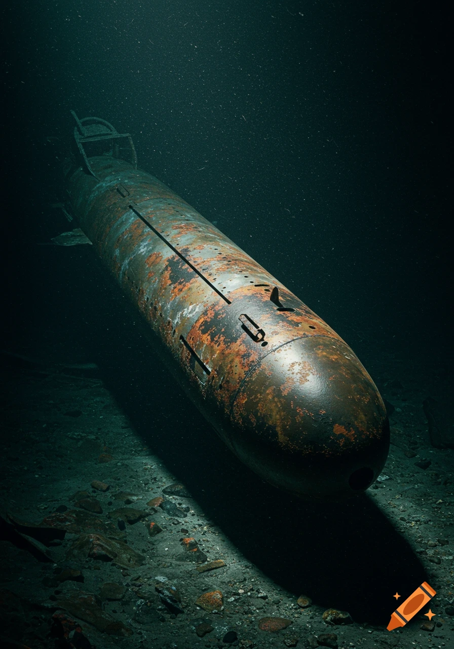 A rusty old torpedo lies on the dark seabed.