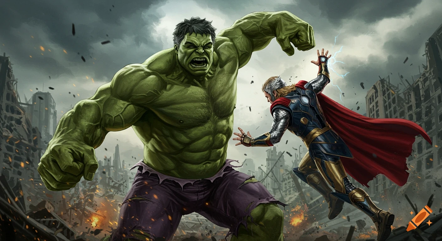 Hulk and Thor fight in a destroyed city in a dynamic comic book art style.