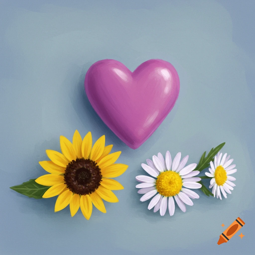 A pink heart, a sunflower, and daisies on a blue background.
