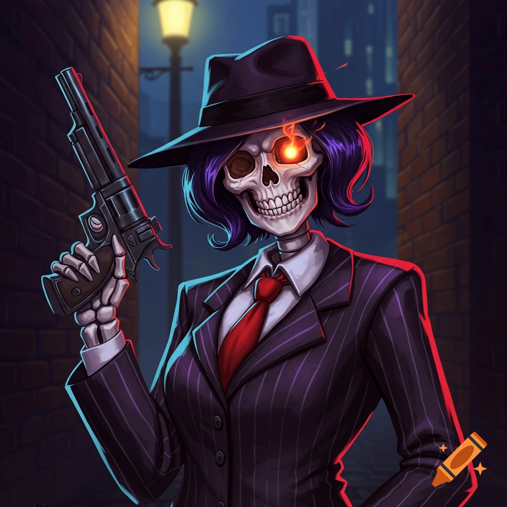 Cartoon illustration of a skeleton in a pinstripe suit and fedora holding a handgun in a dark alleyway