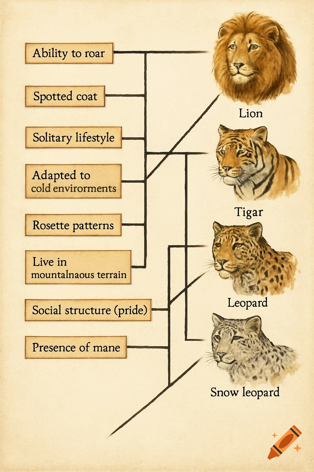 Watercolor style cladogram comparing lion, tiger, leopard, and snow leopard based on traits.
